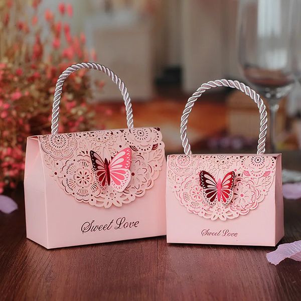 10 piezas de caja de dulces de boda de mariposa cortada, bolsa de regalo para fiesta de chocolate, caja de embalaje de regalo para baby shower con asa 240309