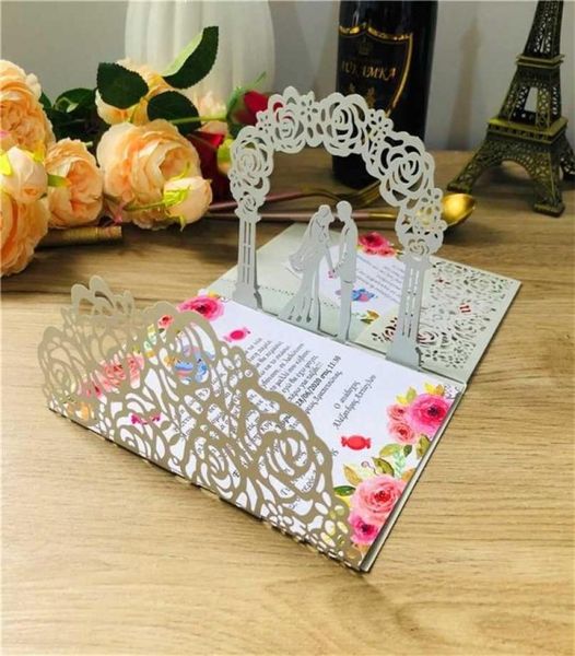 10 plats 3D Popup Carte d'invitation de mariage blanche Ttifold Laser Coup Pocket Bride Greeting Invite Cards IC144 21111733028