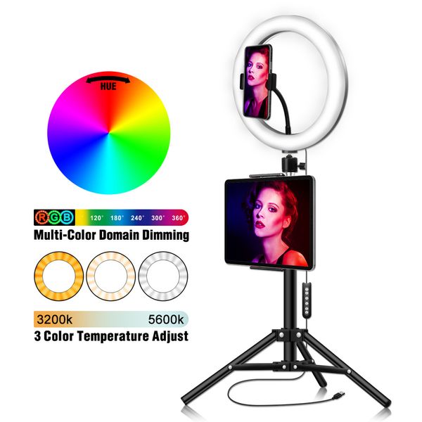 10 '' RGB Ring Light avec kit de support de trépied de téléphone Caméra Photographie Enregistrement vidéo Selfie LED avec support de tablette pour iPad