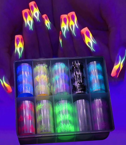 10 Rollbox Luminous Fire Flame Ful Set Nail Art Transfer Sticker Accale jaune Blue Slider Starry Papers Decoration2981741