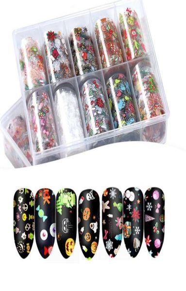 10 rouleaux Halloween Christmas Nail Art Trul Foil Sticker Wraps 4120cm Styles mixtes décorations d'ongles Accessoires de manucure1635075