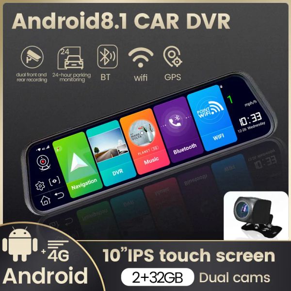 Écran 10 '' Android 8.1 Car Dvr Dash Cam Cam Rehrower Miroir 4G LTE / ADAS / WIFI / BT / FM / TF / GPS 24H Stationnement de stationnement 1080p Caméra arrière