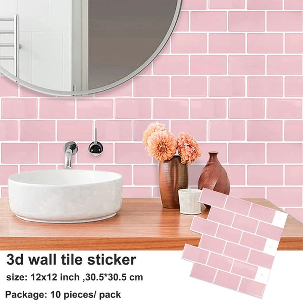 10 hojas de pegatinas de pared rosas, papel tapiz 3d de ladrillo a prueba de agua, azulejos contra salpicaduras de cocina y baño para decoración del hogar 240112