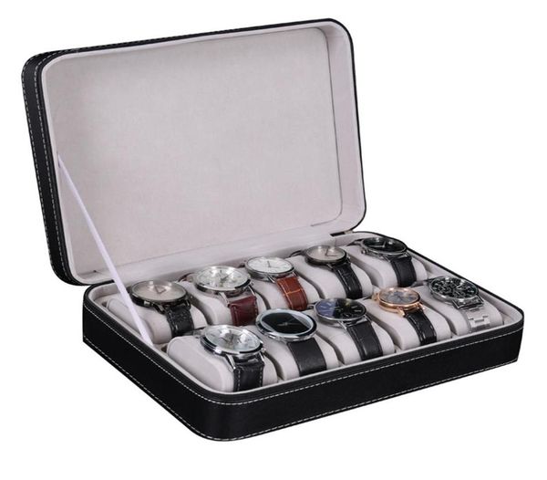 Boîte de rangement pour montre à 10 fentes, présentoir, organisateur de bijoux avec 10 oreillers de montre amovibles, doublure en velours, fermeture à glissière Synthet8037618