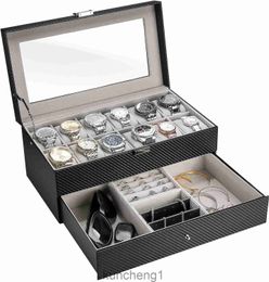 Caja de cajas de relojes de 10 tragamonedas para hombres organizador de joyas de joyas de joyas de reloj con cajas de almacenamiento de relojes de cuero de cajón con tapa de vidrio y almohada.
