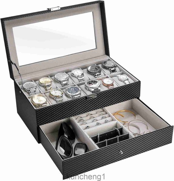 10 emplacements Watch Box Boîte pour hommes pour hommes Bijoux Organisateur HETTROYAGE Affichage Affichage avec tiroir PU en cuir Boîtes de rangement avec couvercle en verre et oreiller - Black