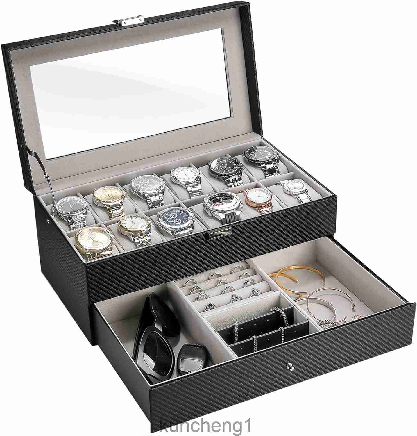 10 Slots Watch Box Case for Men Mens Jewelry Organizer Watch Holder Display Case with Drawer PU Leather Watch Storage Boxes with Glass Lid and Pillow -Black