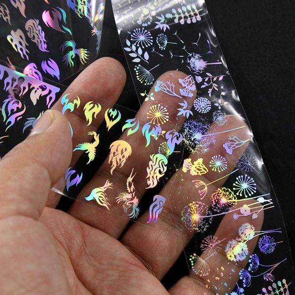 10 pièces holographique ongles feuille autocollants 4*20cm par rouleau flamme pissenlit Panda bambou Holo ongles transfert décalcomanies