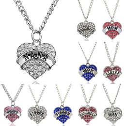 10 Stijl Moeder Dag Gift Moeder Dochter Zus Grandma Nana Tante Familie Ketting Crystal Heart Hanger Rhinestone Ketting Sieraden