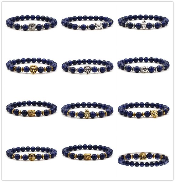 10 Styles 8 MM Marine Lapis Pierre Perles Vintage Argent Or Léopard Lion Tête Hibou Charmes Bracelet Yoga Pulseira Hommes Bouddha Bijoux