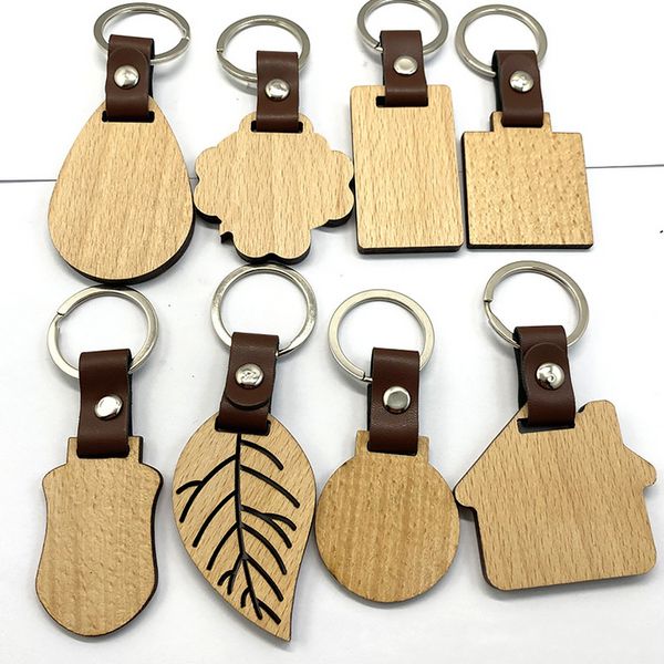 Porte-clés en hêtre personnalisé, 10 Styles, en bois et en cuir, décoration de sac, bricolage, cadeau de Thanksgiving, 0512