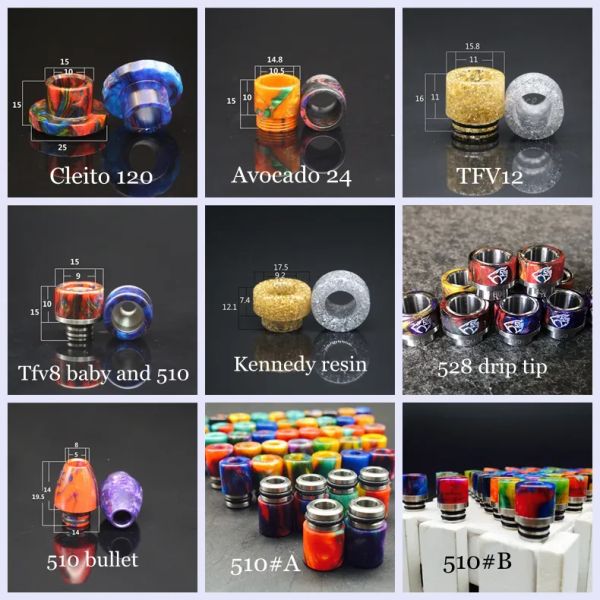 10 styles Cleito 120 Avocado 24 TFV8 TFV8 Baby Goon 528 Kennedy 24 Bullet Epoxy Resin Drip Tip large Bore 510 Tank ZZ