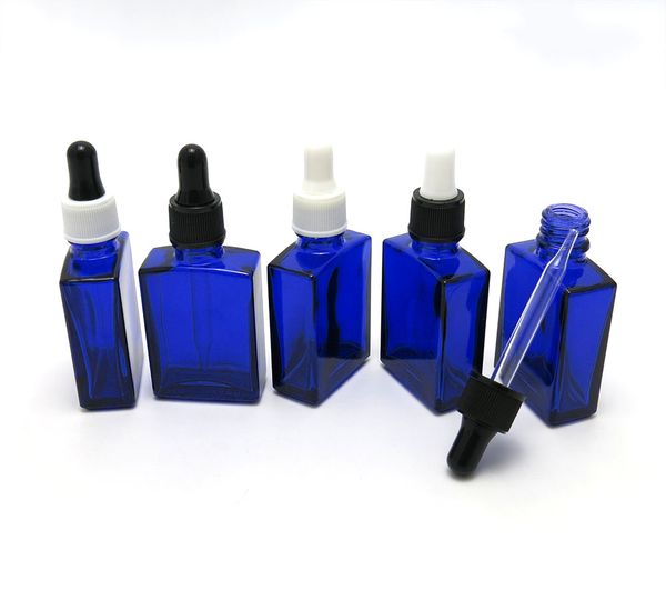 Frasco de vidro quadrado azul cobalto de 10 x 30 ml com tampa conta-gotas de plástico, óleo cosmético extravagante de 30 CC
