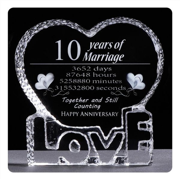 10 años de adornos de aniversario de bodas para el hogar amor Crystal Heart Shape Souvenirs Regalos para amantes Favores de boda Presents2704648