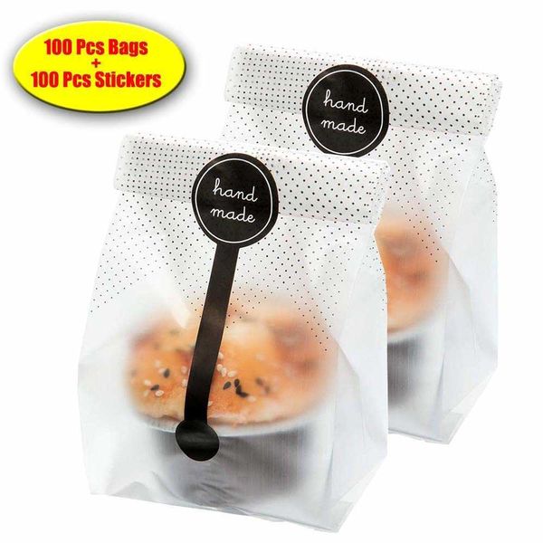 100 + 100 pcs sac en plastique translucide avec des autocollants faits à la main pour paquet de collations de bonbons au chocolat COOKIE bon pour la fête du pain 210724