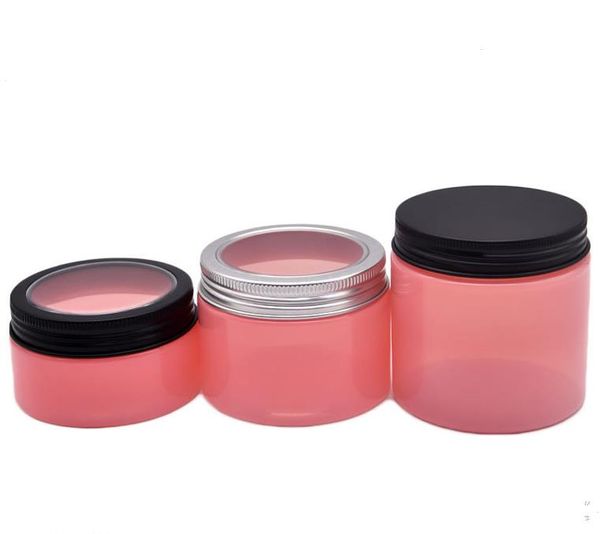 100 150 200 250ml Bocaux en plastique rose PET bouteille cosmétique pots de stockage bouteilles rondes avec fenêtre couvercles en aluminium pour crème