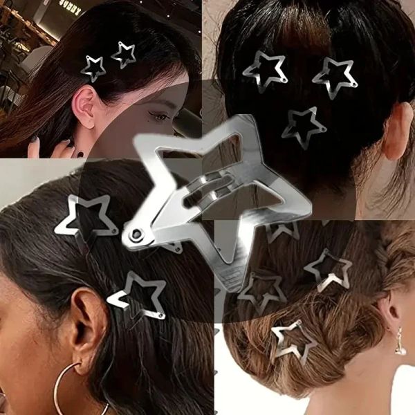 100 / 2pcs Y2K Silver Star Hair Clips For Girls Filigree Metal Snap Clip Girls 'Hairpins Barrets Hair Bijoux Nickle Bobby Pin