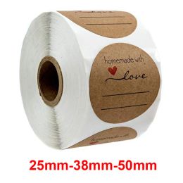100/500pcs Kraft Paper hecho a mano con pegatinas de amor 1.5/2 pulgadas Decoraciones de fiestas caseras Etiquetas