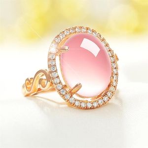 100% 925 Silver Silver Color Rose Quartz Anneaux pour les femmes Band de mariage en cristal rose naturel