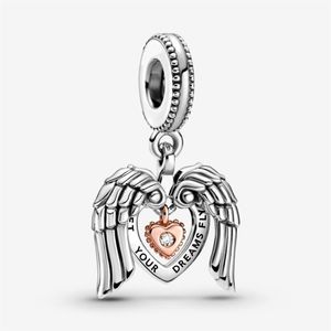 100% 925 Sterling Silver Angel Wings Heart Dange Charms passen originele Europese bedel Bramband Fashion Women Wedding Engagement J3109