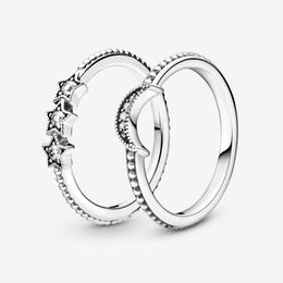 100% 925 Sterling Zilver Hemelse Maan Sterren Ring Set Voor Vrouwen Trouwringen Mode-sieraden Accessoires