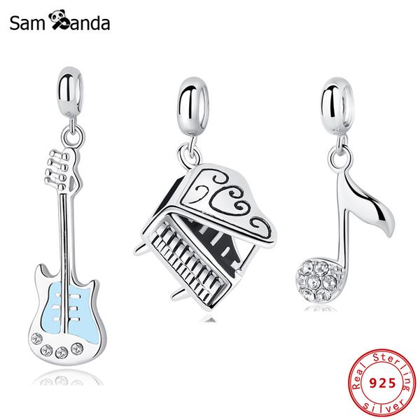 100% 925 Sterling Silver Charm Perle Amour Musique Basse Guitare Piano Pendentif Charmes Fit Bracelets Collier Femmes Diy Bijoux Q0531