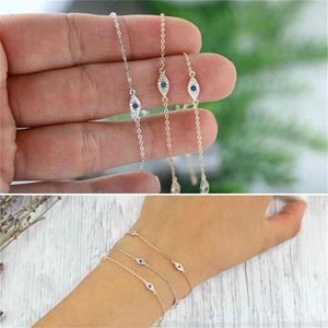 100% Plata de Ley 925 bonito azul blanco cz enlace mal de ojo cadena delgada mínima delicada mujer chica adorable pulsera 250R