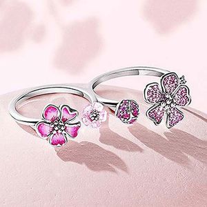 Anillo de flores de flor de melocotón de doble dedo de banda de plata esterlina 925 apto para Pandora joyería compromiso boda amantes anillo de moda