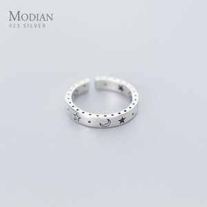 100% 925 Sterling Silver Grave Fantasy Charm Stars Moon Fashion Finger Ringen voor Dames Verstelbare Vrouwelijke Fijne Sieraden 210707