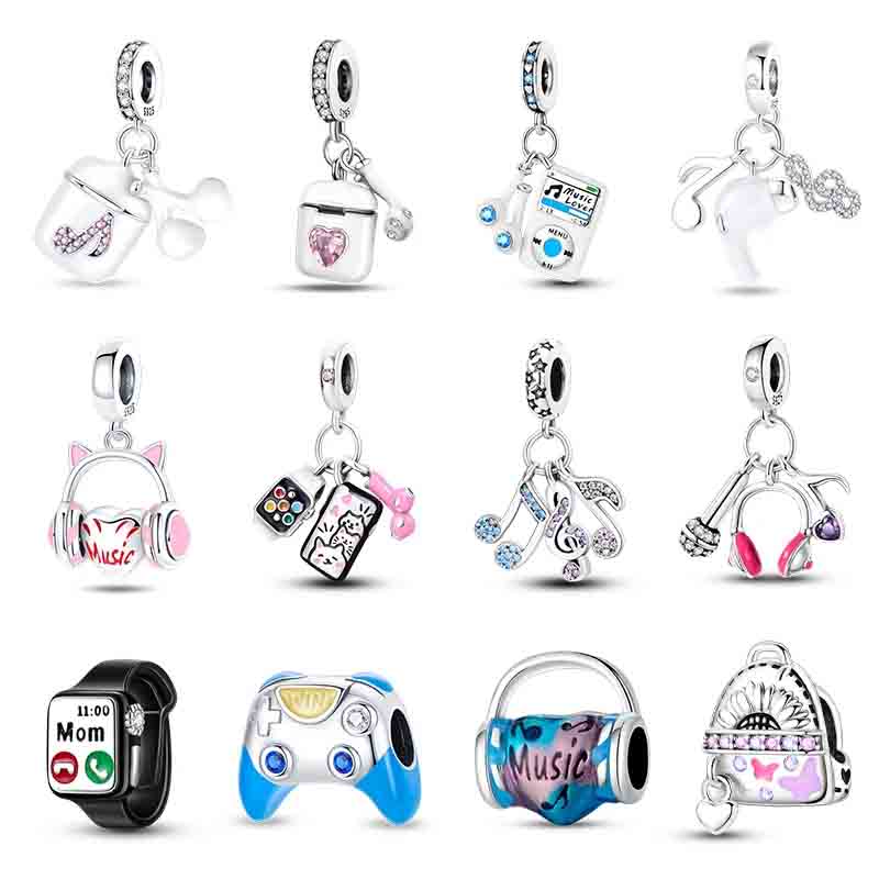 100% 925 Sterling Silver Fashion pink Music Earphone Charms Beads Fit Pando 925 Original Bracelets Necklaces Fine DIY Jewelry Gifts