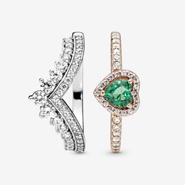 100% 925 sterling zilver groen hart prinses wishbone stapelen ring set voor vrouwen trouwringen mode-sieraden accessoires
