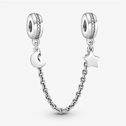 100% 925 STERLING Silver Half Moon and Star Safety Chain Charms Fit Original European Charm Bracelet Fashion Women Wedding Engagem3084