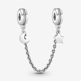 100% 925 Sterling Silver Half Moon and Star Safety Chain Charms Fit Original European Charm Bracelet Mode Femmes Mariage Engagem2339