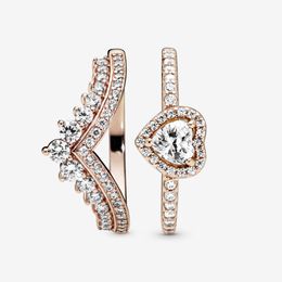 100% 925 Sterling Zilveren Hart van Rose Princess Wishbone Stapelen Ring Set Voor Vrouwen Trouwringen Mode-sieraden Accessoires