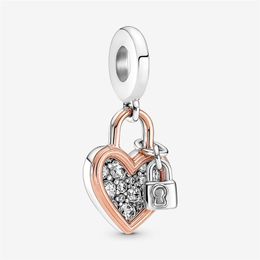 100% 925 Sterling Silver Heart Padlock Double Dangle Charms Fit Original Bracelet à breloques européen Mode Mariage Fiançailles Jewelr232V