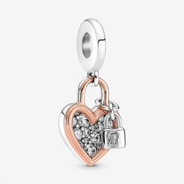 100% 925 Sterling Silver Heart Padlock Double Dangle Charms Fit Original Bracelet à breloques européen Mode Mariage Fiançailles Jewelr269t