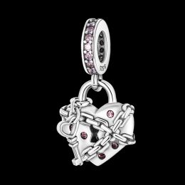 100% 925 Sterling Silver Heart Hangslot Lock Key Love Lucky Family Peads Fit Original Pandora Charms Bracelet Diy Sieraden