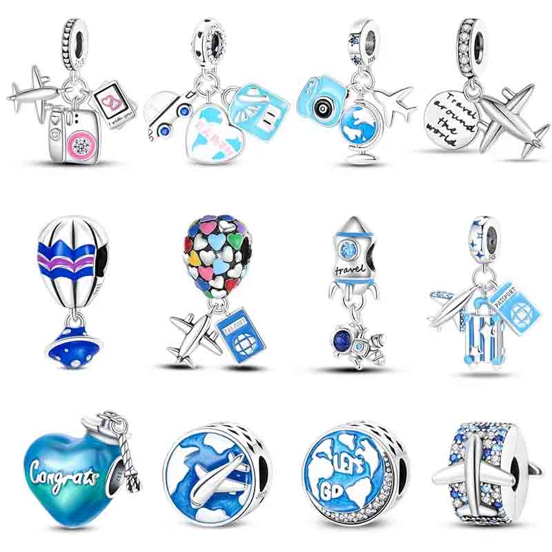 100% 925 Sterling Silver Hot Air Balloon Suitcase Graduation Travel Series Charm Beads Fit Pando Original Armband DIY SMYCKE