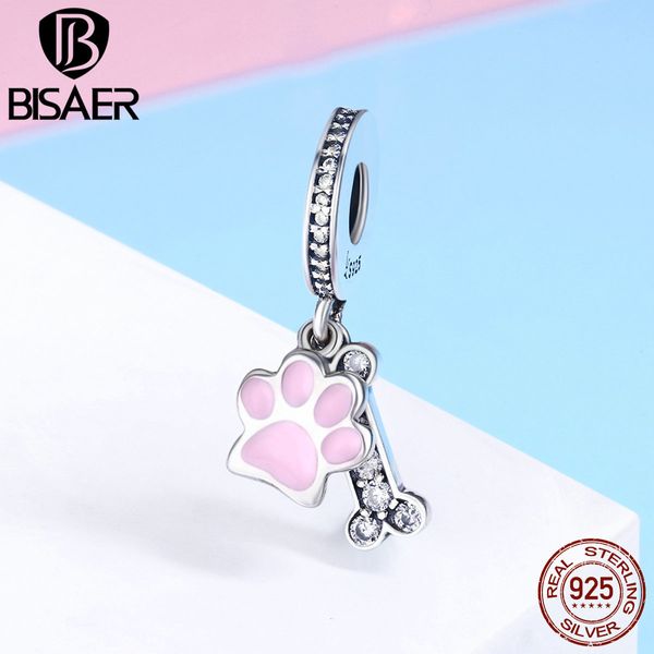 100% 925 Sterling Silver Lovely Dog Paw and Bone, Pink Charm Fit Charms Original 925 Bracelet Collier Sterling Silver Jewelry Q0531