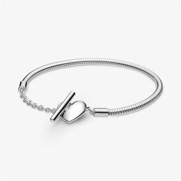 100% 925 Sterling Zilver Moments Hart T-Bar Snake Chain Armband Fit Authentieke Europese Dangle Charm Mode Dames Bruiloft Engage2115