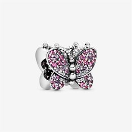 100 % 925 Sterling Silber, rosa Pavé-Schmetterlings-Charms, passend für Original-europäisches Charm-Armband, modisch, für Damen, Hochzeit, Verlobung, Schmuck 2592