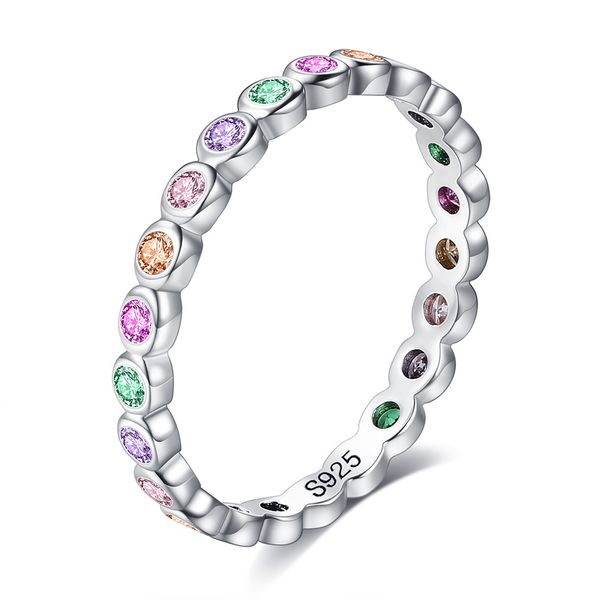 Anillo de plata de ley 100% 925 con piedras laterales para mujer, anillos de circonia cúbica de Color arcoíris grabados simples S925, joyería de personalidad