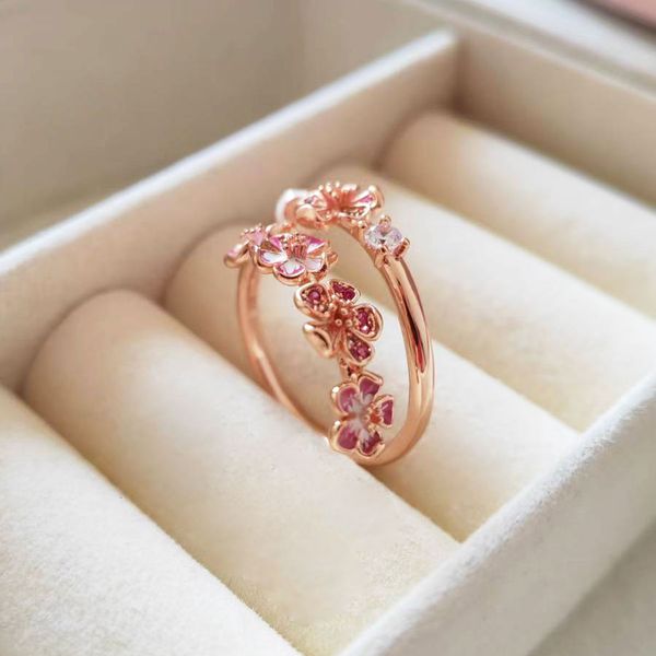 100% Plata de Ley 925, anillo de rama de flor de melocotón rosa, joyería Pandora, anillo de compromiso para amantes de la boda, anillo de moda