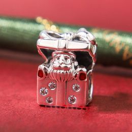 100% argent sterling 925 massif Père Noël dans une boîte-cadeau Noël rouge émail clair Cz Pierre Charm Perles Convient aux bracelets de bijoux de style européen Pandora