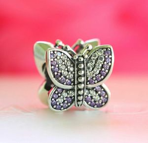 Cuenta de mariposa chispeante de plata de ley 100% 925 con circonita púrpura que se adapta a la joyería europea Pandora DIY Style Charm Bracelets