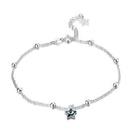 Bracelets de cheville étoiles scintillantes en argent sterling 100% 925, avec cristal bleu, fabrication de bijoux à la mode, cadeaux pour femmes, SVA602293Z