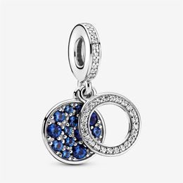 100% 925 Sterling Silver Sparkling Blue Disc Double Dangle Charms Fit Original Bracelet à breloques européen Mode Femmes Mariage Engag2676