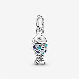 100% 925 Sterling Silver Sparkling Blue Scale Fish Dangle Charm Fit Original European Charms Bracelet Mode Mariage Egagement J343K