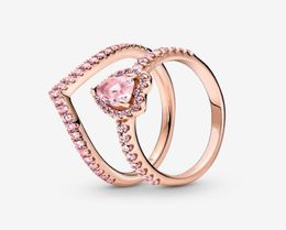 Conjunto de anillos de espoleta de corazón rosa brillante de Plata de Ley 100 925 para mujer, anillos de boda, accesorios de joyería de moda 8358378