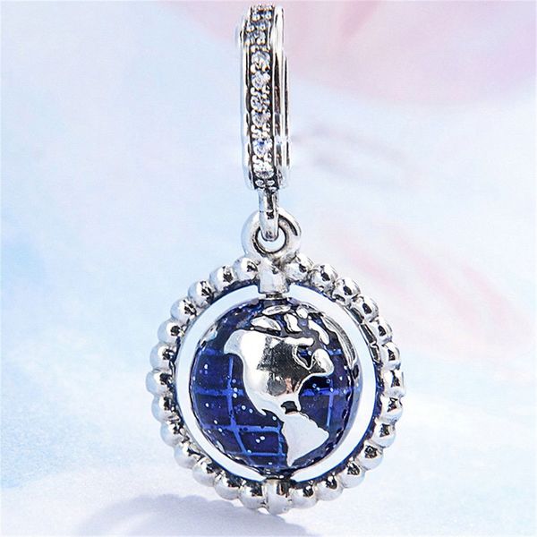 100% 925 Sterling Silver Spinning Globe Pendentif Bleu Émail Charme Perle Convient Européenne Style Pandora Bijoux Charme Bracelets